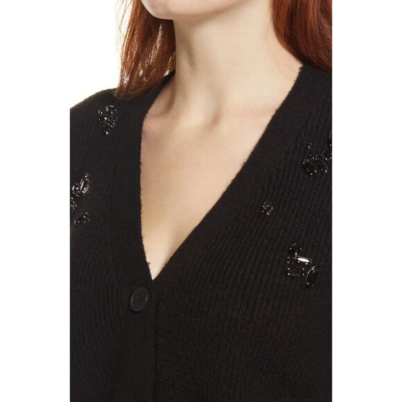 Halogen Women's Embellished Cropped Cardigan Sweater Black Size Medium - Picture 2 of 10